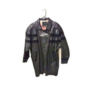 VTG 80s Black Leather Suede Balloon Coat Batwing Sleeves Paisley Lining L Power
